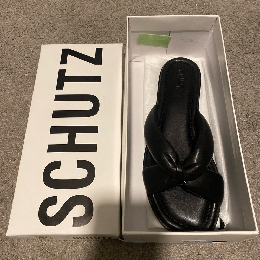 Schutz Black Sandals Fairy Leather Flats - Picture 3 of 5
